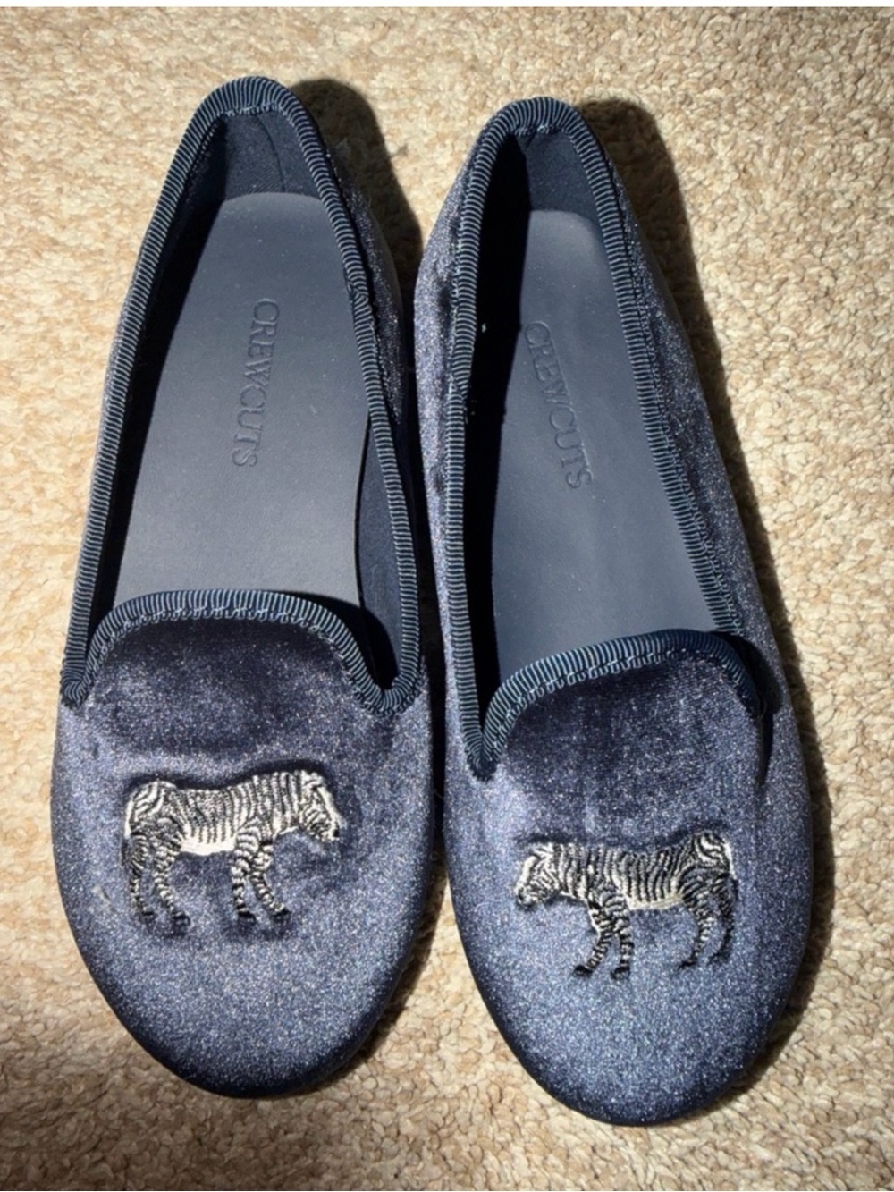 Crewcuts Navy Velvet Zebra Embroidered Loafers